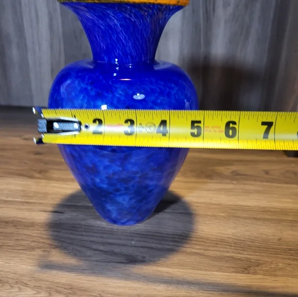 Hand Blown Glass Vase Vibrant Blue White Speckled Yellow Brim Art Glass - Picture 13 of 13